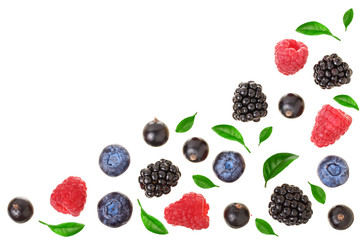 blackberry blueberry raspberry black currant with leaves isolated on white background with copy...