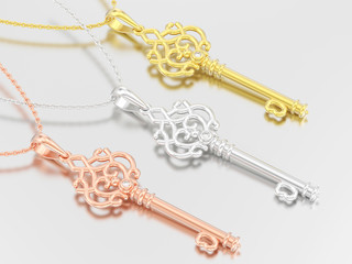 3D illustration three red rose yellow white gold or silver decorative key necklaces on chain with diamond