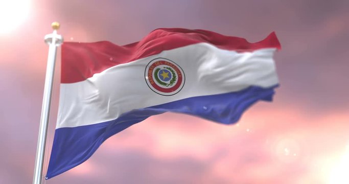 Flag of Paraguay waving at wind at sunset in slow, loop