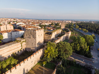 Fototapeta na wymiar Aerial Drone View of Ancient Constantinople's Walls in Istanbul / Byzantine Constantinople Entrance is Dedicated to Belgrade