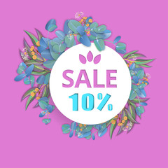 White round 10% sale sign with eucalyptus on lilac background.