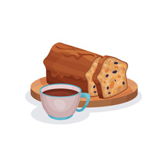 Classic fruitcake with candied fruit and cup of tea, traditional English breakfast vector Illustration on a white background