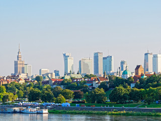 Panorama of the old city and skyscrapers in Warsaw.  Next to the Vistula and boulevards. Poland.