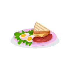 Hard boiled egg, bread with cheese, sausage and lettuce, traditional English breakfast vector Illustration on a white background