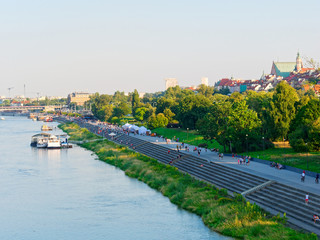 View of the Vistula boulevards in Warsaw and life in the city. Poland.
