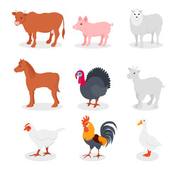 Farm animals set, cow, pig, sheep, horse, turkey, goat, hen, rooster, goose vector Illustrations on a white background