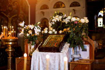 Preparation for baptism of child. Church interior