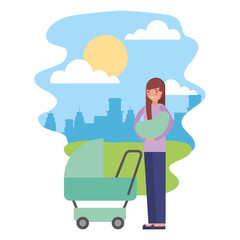 cute mother with baby cart in landscape