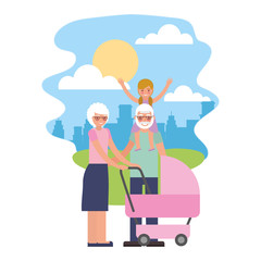 cute grandparents with grandchildren and baby cart in landscape