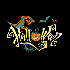 Halloween. All saints ' day card. Magical magic lettering. Funny cartoon pumpkin. Witch hat.  Bat. Vector.