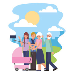 cute family with baby cart and pole selfie in landscape