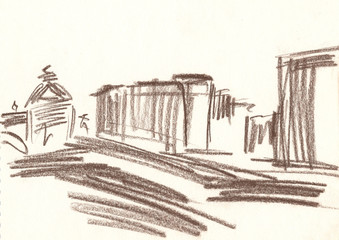 drawing of the city with brown pencil, city sketches, city landscape, houses, monument, quick sketch
