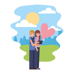 cute couple with heart in landscape