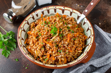 Buckwheat in a merchant manner (stewed with minced meat and vegetables)