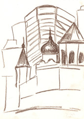 drawing of the city with brown pencil, city sketches, city landscape, houses, church, quick sketch