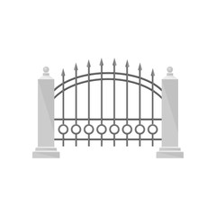 Part of wrought iron fence with stone fence posts, protective barrier for house, garden, park vector Illustration on a white background