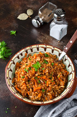 Buckwheat in a merchant manner (stewed with minced meat and vegetables)