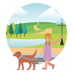 little girl with dog mascot in landscape