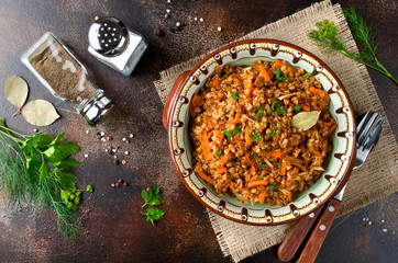 Buckwheat in a merchant manner (stewed with minced meat and vegetables)