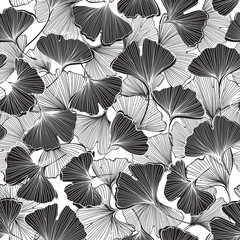 Seamless monochrome floral pattern with leaves of gingo biloba. Vector illustration on white background .