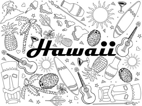 Hawaii coloring book line art design vector. Separate objects. Hand drawn doodle design elements.