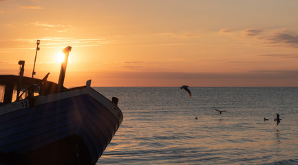 Fischerboot und Möwen - Sonnenuntergang