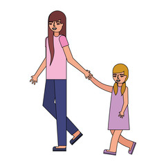 mother holding hand her daughter walking