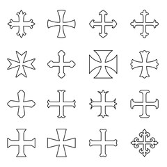 Christian crosses icons set outline. Different forms. Isolated on a white background. Vector illustration.