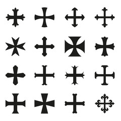 Christian crosses icons set. Different forms. Isolated on a white background. Vector illustration.