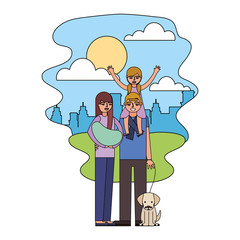 dad daughter and mom holding baby and dog in the park