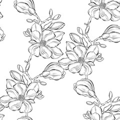 Fototapeta premium Seamless pattern with magnolia branches on a white background. Monochrome vector illustration.