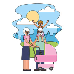 grandparents with graddaughter and baby pram