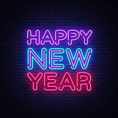 Happy New Year Neon Text Vector. Neon Sign, Greeting card design template with 3D typography label. Light banner, Design element. Vector Illustration