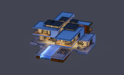 3d rendering of modern cozy house at night with garage for sale or rent. Isolated on gray.