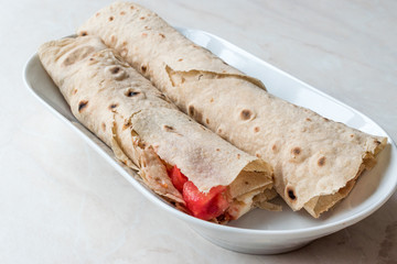 Turkish Fast Food Wrap Gozleme with Tomatoes and Cheese