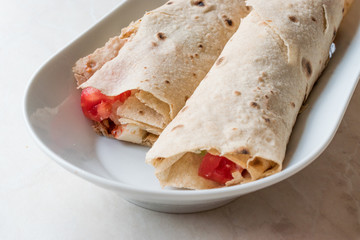 Turkish Fast Food Wrap Gozleme with Tomatoes and Cheese