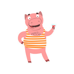 Funny male pig standing and holding glass of wine, farm animal cartoon character drinking wine vector Illustration
