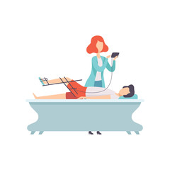 Therapist working with disabled patient and orthosis medical equipment, medical rehabilitation, physical therapy activity vector Illustration