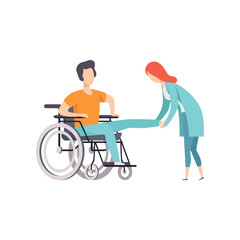 Female doctor helping woman sitting on wheelchair, medical rehabilitation, physical therapy activity cartoon vector illustration