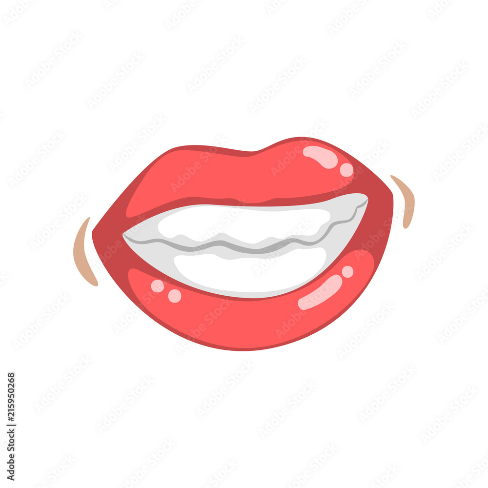 Poster beautiful smiling glossy female lips with white teeth, emotional mouth of young woman vector illustr