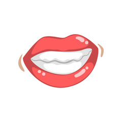 Beautiful smiling glossy female lips with white teeth, emotional mouth of young woman vector Illustration on a white background