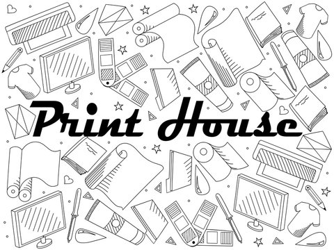 Print house coloring book line art design vector. Separate objects. Hand drawn doodle design elements.