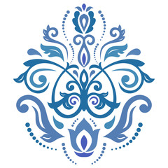 Oriental vector pattern with arabesques and floral elements. Traditional classic blue ornament. Vintage pattern with arabesques