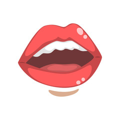 Opened beautiful glossy female lips with white teeth, emotional mouth of young woman vector Illustration on a white background