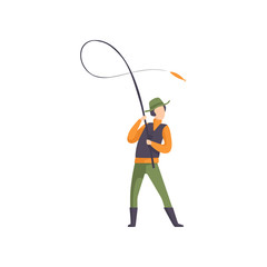 Fisherman throwing spinning into the water vector Illustration on a white background