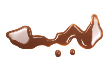 Spilled chocolate milk puddle isolated on white background, top view