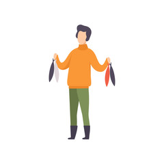 Fisherman standing with fish caught vector Illustration on a white background