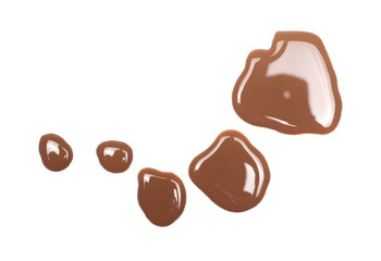 Spilled chocolate milk puddle isolated on white background, top view