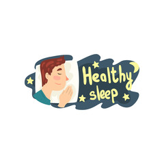 Healthy sleep, man sleeping in his bed at night vector Illustration on a white background