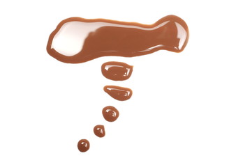 Spilled chocolate milk puddle isolated on white background, top view